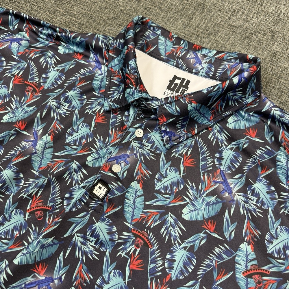 Greater Half‎ Polo Shirt Mens 2XL Black Hawaiian Golf Tropical Skull Guns